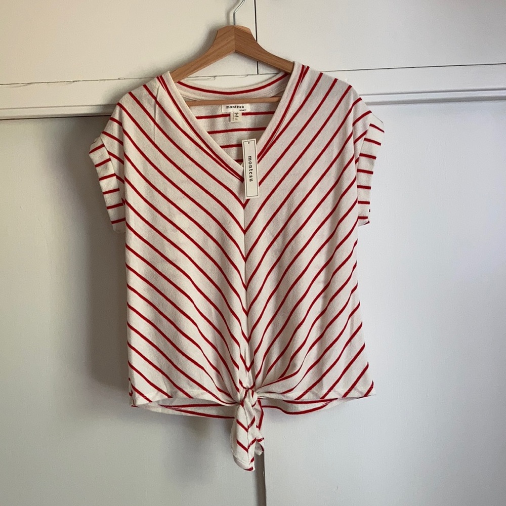 NWT white top with Red Stripe tie-front